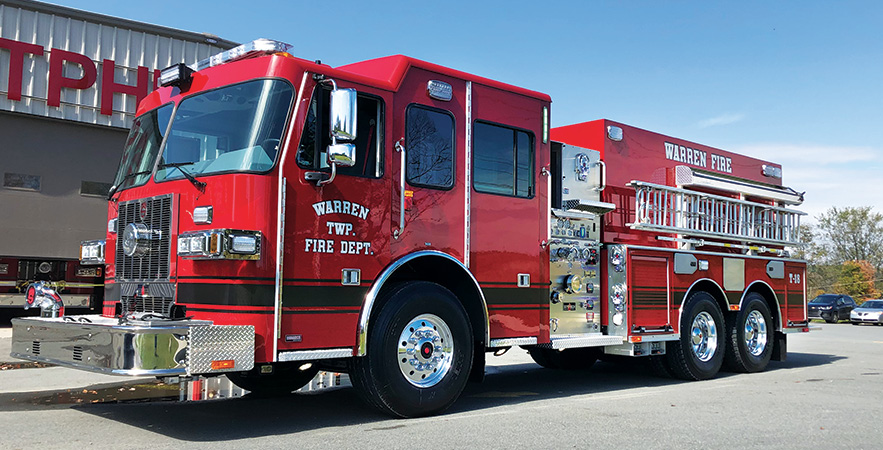 Sutphen—Warren Township Fire Department, pumper-tanker. Monarch cab and chassis; Cummins L 450-hp engine; Waterous CSU 1500-gpm pump; Pro Poly 2,500-gallon polypropylene water tank; three Newton 10-inch square dump valves; stainless steel fire body; Whelen LED scene and warning lights. Dealer: Paul Werner, Herb Fire Equipment, Powell, OH.