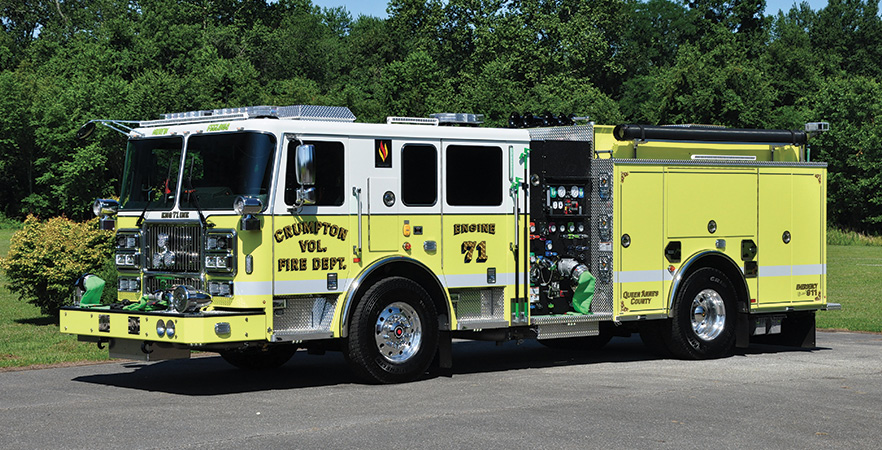 Seagrave—Crumpton (MD) Volunteer Fire Department pumper. Marauder stainless steel tilt cab and chassis; Cummins X12 500-hp engine; Waterous CSU 1,750-gpm single-stage pump; 1,000-gallon polypropylene water tank; 20-gallon foam cell; Elkhart model 240 125-gpm foam eductor. Dealer: Tim Massey, 10-8 Emergency Vehicle Services, New Holland, PA.