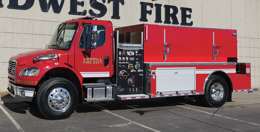 Midwest Fire—Merrill (IA) Fire & Rescue tanker-pumper. Freightliner cab and chassis; Cummins L9 350-hp engine; Darley LSP 1,000-gpm pump; UPF Poly 2,000-gallon water tank; 3 Newton 10-inch stainless steel manual dump valves; stainless steel “tip down” portable tank carrier and 2,100-gallon portable tank; Rear View Safety rear-view camera. Dealer: Jeff Bowen, Midwest Fire, Luverne, MN.