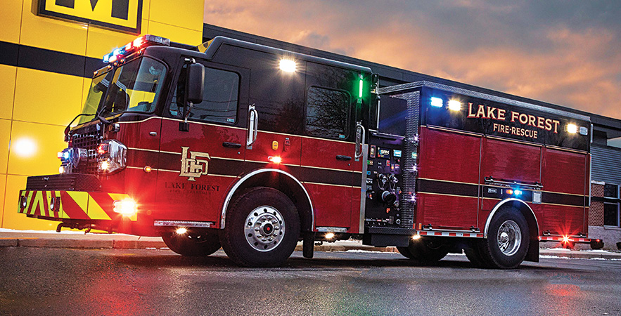 Marion—Lake Forest (IL) Fire Department pumper. Spartan Gladiator cab and chassis; Cummins L9 450-hp engine; Hale Qmax with SAM 1,500-gpm pump; UPF Poly 850-gallon water tank; 30-gallon foam cell. Dealer: Tony Carlini, TC Fire Apparatus, Aurora, IL.