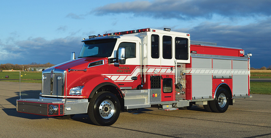 CustomFIRE—Waseca (MN) Fire Department Full Response™ pumper. Kenworth T880 cab and chassis; Paccar MX11 430-hp engine; Waterous CSUC20 2,000-gpm pump; UPF Poly 1,000-gallon water tank; 20-gallon foam cell; FoamPro 2001 single-agent foam system; front bumper extension with crosslay hosebed; aluminum hinged hosebed covers. Dealer: Wayde Kirvida, CustomFIRE, Osceola, WI.