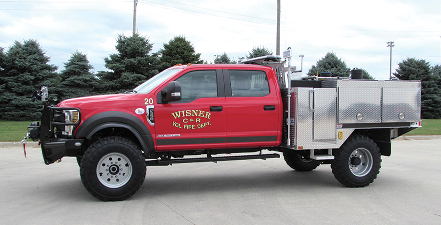 Danko—Wisner (NE) Volunteer Fire Department wildland unit. Ford F-550 cab and chassis; 6.8L 3-valve SOHC 305-hp engine; Waterous 2515LE 150-gpm @ 95-psi portable pump with 23-hp Kubota engine; UPF Poly 400-gallon water tank; 12-gallon foam cell; FoamPro 1600 Class A foam system; TFT EF1 monitor. Dealer: Mike Semerad, Danko Emergency Equipment, Snyder, NE.