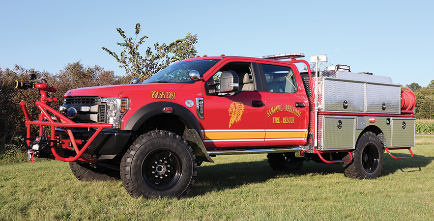 1st Attack Engineering—Samburg-Reelfoot Volunteer Fire Department, Hombeak, TN, brush rescue conversion. Ford F-550 cab and chassis; custom built bed from steel tubing; Darley 600-gpm @ 40-psi portable pump with Kubota 42-hp engine; APR 400-gallon polypropylene water tank; 5-gallon foam cell; Scotty around-the-pump foam system; Elkhart Sidewinder 8492 monitor. Dealer: Jeffrey Cook, 1st Attack Engineering, Waterloo, IN.