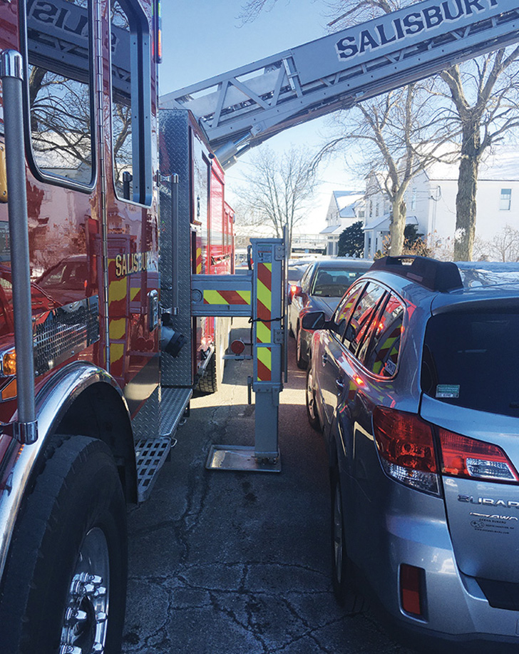 This 103-foot aerial Tuff Truck that KME built for the Salisbury (MA) Fire Department is shown with its jacks fully out, set up in tight quarters.