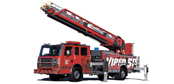 Rosenbauer’s 100-foot SA Viper aerial has a 16-foot 6-inch jack spread on four H-style jacks and can be short jacked to 9 feet 9 inches.