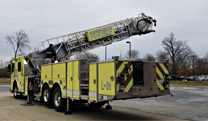 This SPH 100 aerial platform built by Sutphen for the Norwich Township (OH) Fire Department is shown operating short jacked from its normal 20-foot jack spread.