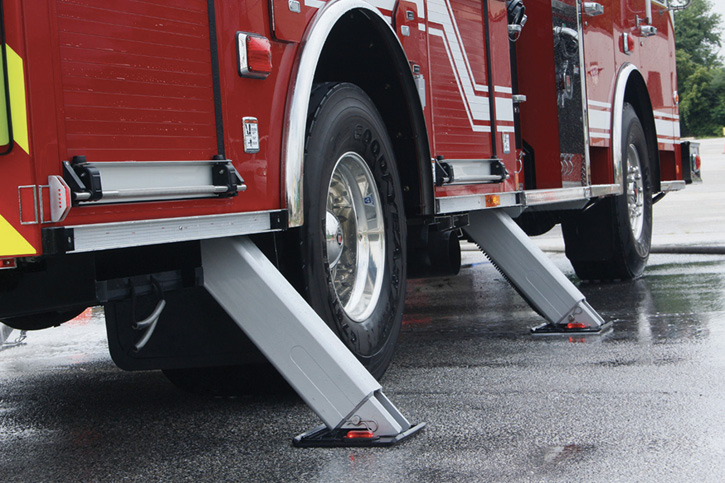 The 65-foot TeleSqurt aerial boom ladder made by Spartan ER uses four A-style jacks with a spread of 11 feet 9 inches.