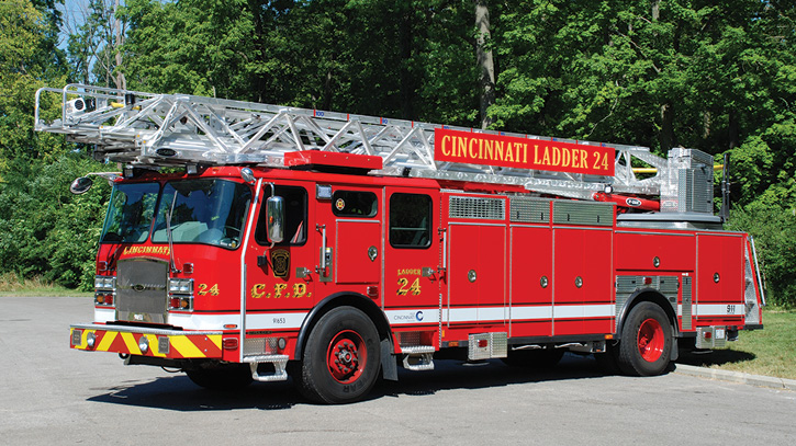 E-ONE built two height-restricted Metro 100 aerial ladders for the Cincinnati (OH) Fire Department on Cyclone II X 96-inch-wide chassis and medium cabs with seating for five firefighters.