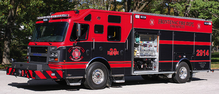 The Frontenac (MO) Fire Department runs this 1,500/750 Rosenbauer Crossfire pumper with sealed lever bank controls for pump discharges, three speedlays in a fully enclosed pump house, and a red-black-red paint scheme with graphics.