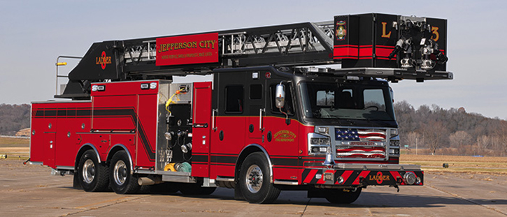 This 101-foot rear-mount Cobra Platform with SMART aerial with 1,750-gpm pump and 500-gallon tank was part of a seven-rig order for the Jefferson City (MO) Fire Department.