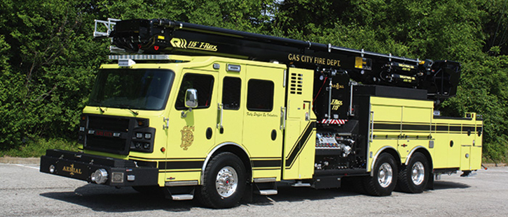 The Gas City (IN) Volunteer Fire Department took delivery of a 115-foot T-Rex Rosenbauer aerial device with a 2,000-gpm pump, a 300-gallon tank, and numerous electrically operated valves on its pump panel.