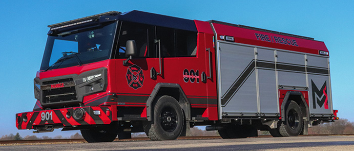 The Markle (IN) Volunteer Fire Department took delivery of the first Rosenbauer Avenger pumper in Indiana. It features a 1,500-gpm pump, a 750-gallon tank, a CAFS, and rear bumper crosslays. The upper body side sheets are tapered inward to match the futuristic cab design.