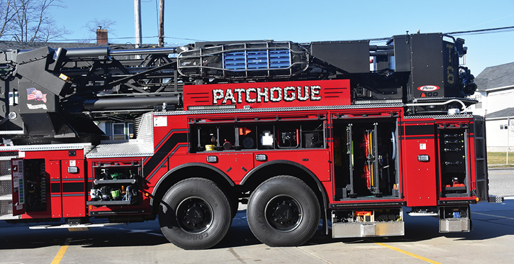 Driver side compartments with engine company tools and fittings, nozzles, and HURST Jaws of Life eDRAULIC extrication tools.