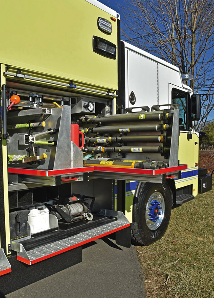 Paratech struts, a portable winch, and air and electric lines.