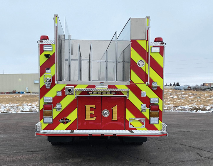 One of Lincoln Fire & Rescue’s hosebeds, from left to right, is set up to hold 400 feet of 1¾-inch hose, 200 feet of 2½-inch hose, 400 feet of 2½-inch, 200 feet of 2½-inch, 200 feet of 2½-inch, and 800 feet of 5-inch LDH.