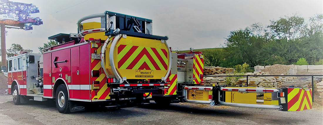 TMAs manufactured by TrafFix Devices, Inc. have been installed by Gulf Highway Equipment on two reserve engines in the Grand Prairie Fire Department fleet. The attenuators are powered by hydraulic-over-electric motors and cylinders. The devices fold flat against the back of the apparatus and nest into the hosebed area.