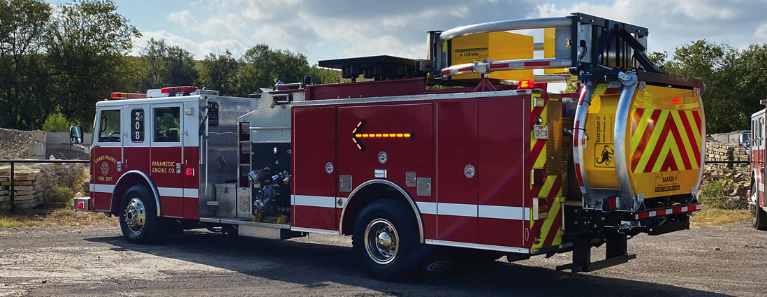 As blocking vehicles, Grand Prairie’s TMA apparatus have extra warning lights, arrow board, LED signs, and LED traffic directional arrows on each side of the vehicles.