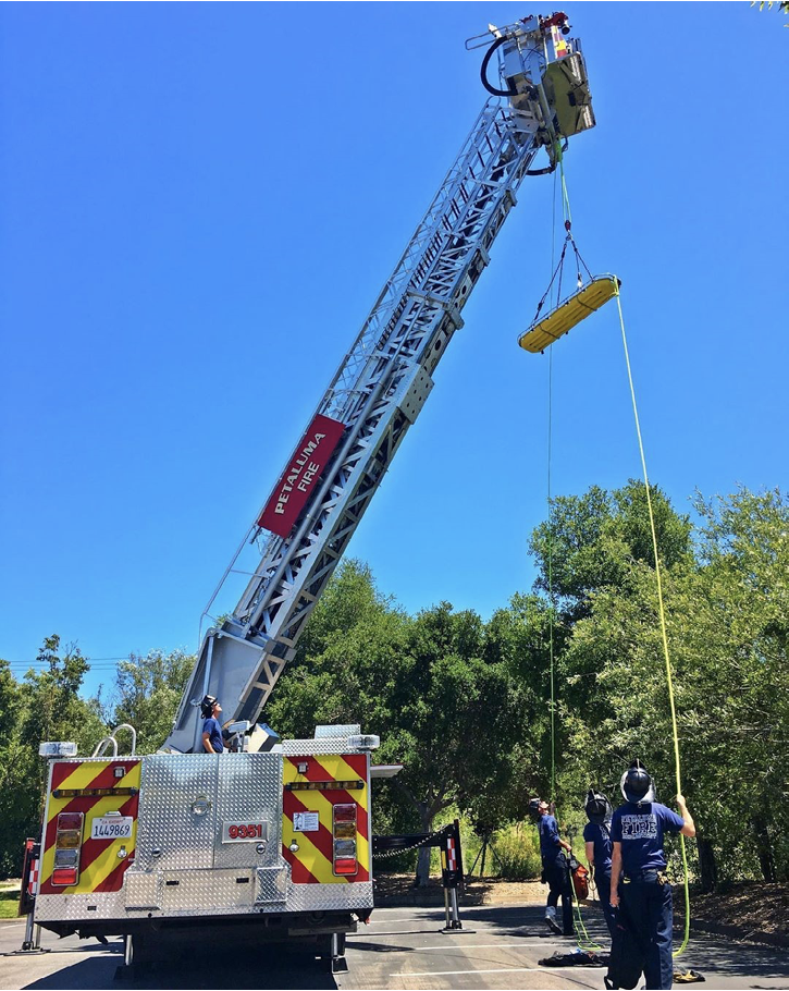 Petaluma (CA) Fire Department members train on this Sutphen aerial ladder platform using the rig’s rappelling and rope rescue anchors and fixtures.