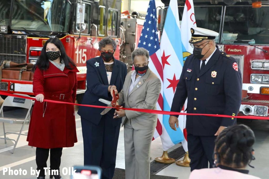 Chicago Mayor Lori Lightfoot and other dignitaries at the ribbon cutting for Chicago Fire Department Engine Company 115