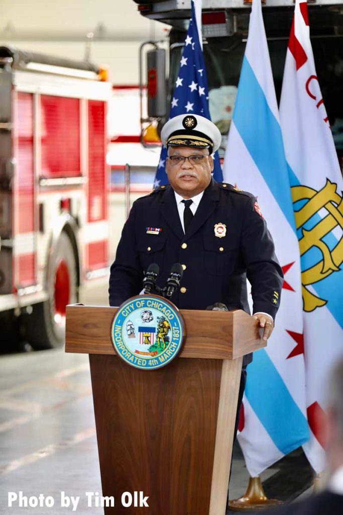 Chicago Fire Commissioner Richard C. Ford II speaks at ribbon cutting for Chicago Fire Department Engine Company 115