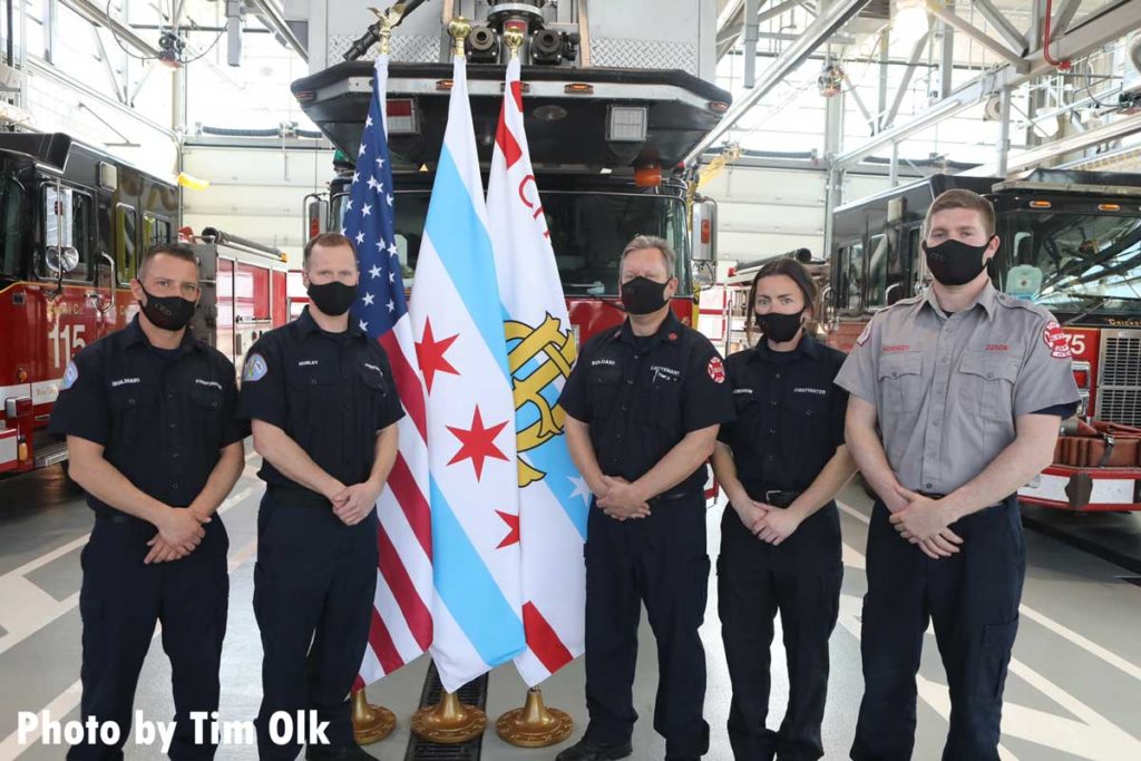 Chicago fire members at ribbon cutting for Chicago Fire Department Engine Company 115