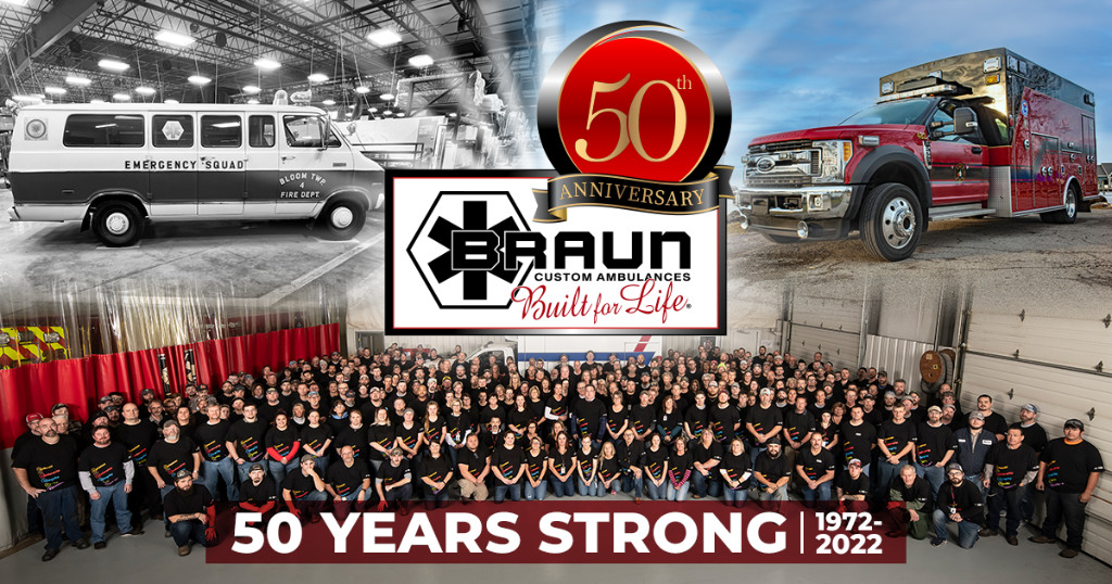 A collage of Bruan ambulances and a large staff photo.