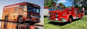 Left: The Rosenbauer RTX pictured here in Los Angeles, California, is an electric fire truck. (Rosenbauer/Twitter Photo); Right: Photo taken at the annual Frankenmuth, Michigan, Antique Fire Apparatus Muster. (Photo by Dave Traiforos)