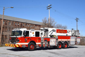 Ladder Tower built this 93-foot midmount aerial platform on a Spartan Gladiator MFD chassis and cab for Reading (PA) Fire Department. (Photo 1 courtesy of Ladder Tower)