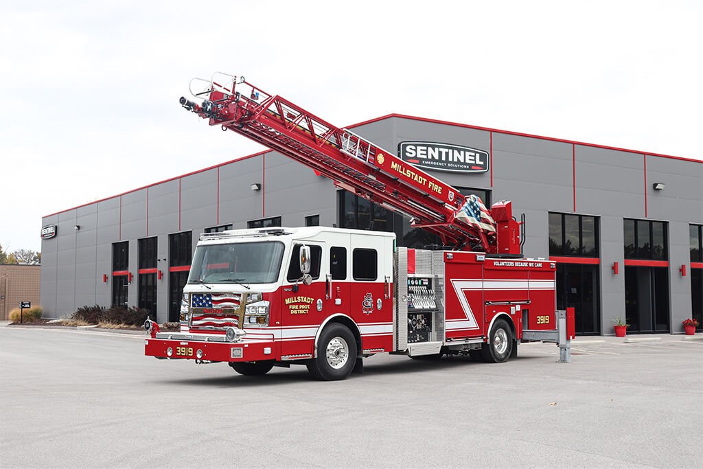 Rosenbauer built this Viper 78-foot aerial ladder quint for Millstadt Union (IL) Fire Department. (Photos courtesy of Sentinel Emergency Solutions)