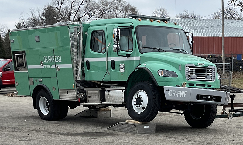 Wildland suppression apparatus have more stringent angles of departure and approach, ground clearance, and stability requirements than structural apparatus. USFS Engine 332 is undergoing a counter twist test. (Photo courtesy of HME-Ahrens Fox)