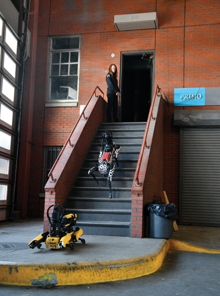 The Fire Department of New York (FDNY) operates two Spot four-legged robots made by Boston Dynamics, one carrying cameras and a sensor (climbing the stairs) and the other with a manipulating arm. (Photo courtesy of the FDNY)