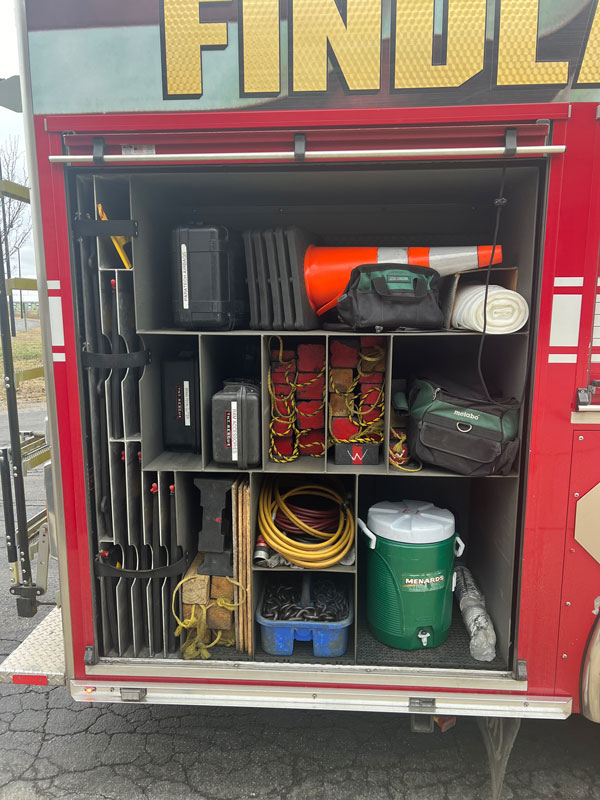 An overview of the rear compartment on the officer’s side on a Findlay (OH) Fire Department rescue-pumper. (Photo by Mike Ciampo)