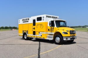 CustomFIRE built this walk-in rescue truck on a Freightliner M2 106 commercial chassis and cab with seating for five firefighters for Osakis (MN) Fire Department. (Photos courtesy of CustomFIRE)