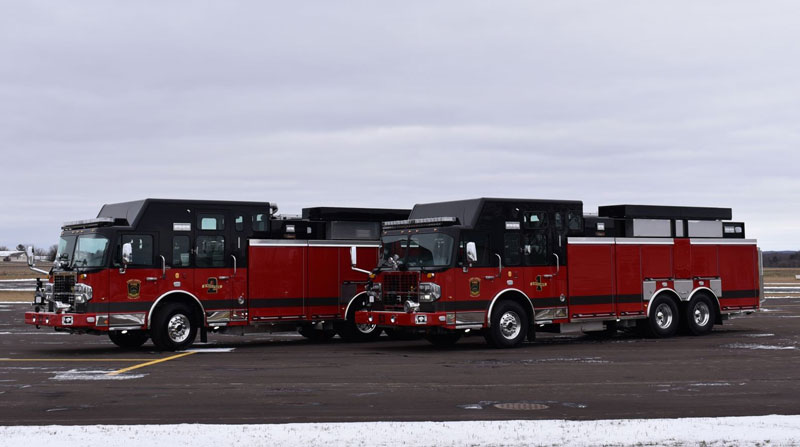 CustomFIRE built these two pumper-tenders on a Spartan Gladiator chassis and cab powered by a 525-hp Cummins X12 diesel engine, and an Allison 4500 EVS automatic transmission for Lino Lakes Public Safety Department Fire Division. (Photos courtesy of CustomFIRE.)