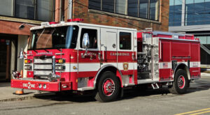 Cambridge (MA) Fire Department had Pierce Manufacturing build it two Enforcer pumpers with 1,250-gpm Waterous pumps, 500-gallon water tanks, Pierce TAK-4 T3 front and rear independent steering, and Pierce's Idle Reduction Technology. (Photos 1-2 courtesy of Cambridge Fire Department)