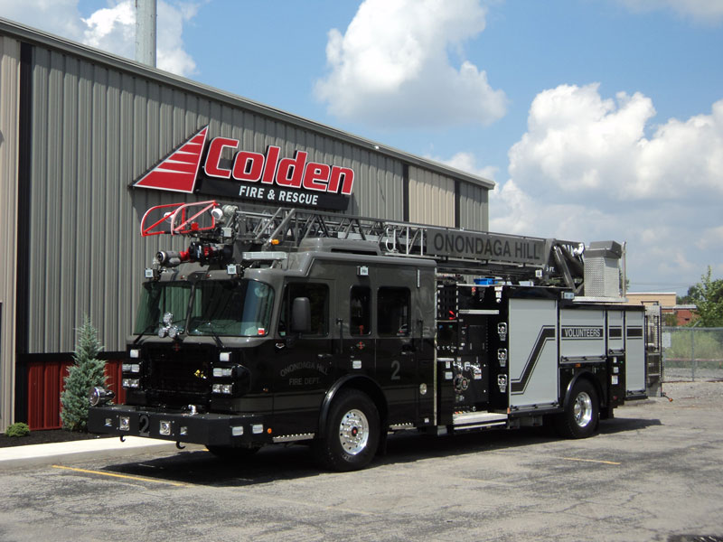 Smeal built this 75-foot aerial ladder quint for Onondaga Hill (NY) Fire Department on a Spartan Gladiator chassis and LFD cab, powered by a 500-hp Cummins engine and an Allison 4000 EVS automatic transmission. (Photos 1-5 courtesy of Colden Enterprises)