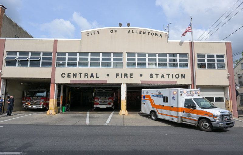 Allentown Paramedics leave for a call Friday, Sept. 22, 2023, at Central Fire Station on Chew Street in Allentown. The 70-plus-year-old building, once a Chrysler dealership, is in bad shape and needs to be replaced. (Rick Kintzel/The Morning Call)