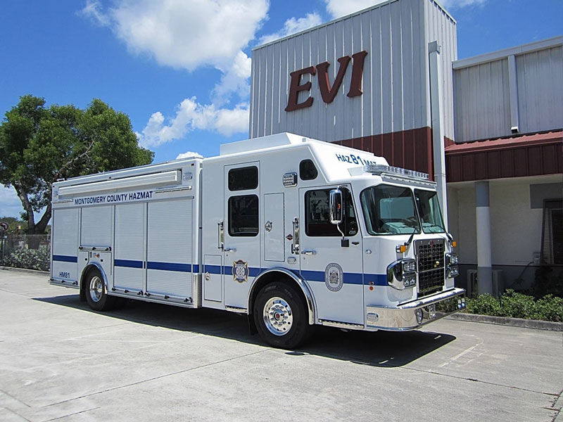 Emergency Vehicles Inc. built this hazardous materials command truck on a Spartan Metro Star chassis and three door cab and a 24-inch raised roof with a command area in the rear of the crew cab for Montgomery County (PA) Department of Public Safety. (Photos courtesy of Emergency Vehicles Inc.)